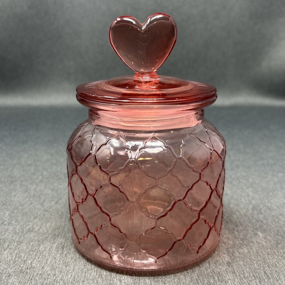 Glass Candy Jar with Heart Lid Pink Lattice-Style Embossed Glass